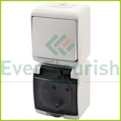   Aquastar vertical 1-pol switch + grounded socket with white hinged lid, IP44 22021