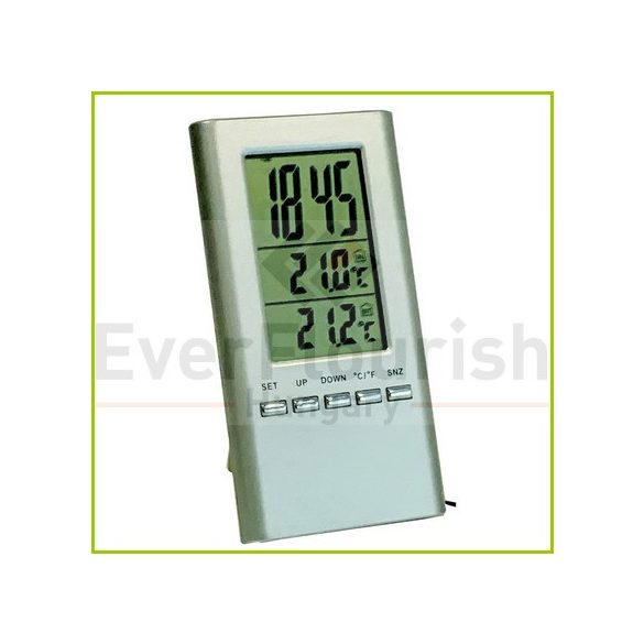 Hőmérő digitális kül és beltéri min/max érték, óra, ébresztő ezüst 3001508