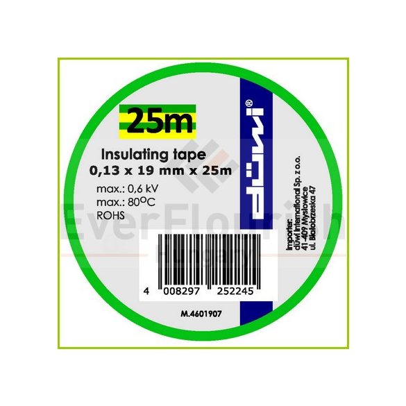 Szigetelőszalag, 19mm x 25m, zöld/sárga 25224
